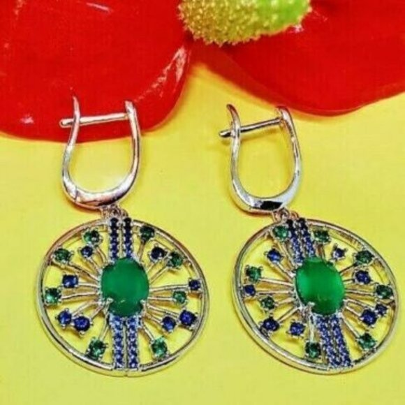 Natural Green Agate & CZ 925 Sterling Silver Round Earrings. - Picture 1 of 7